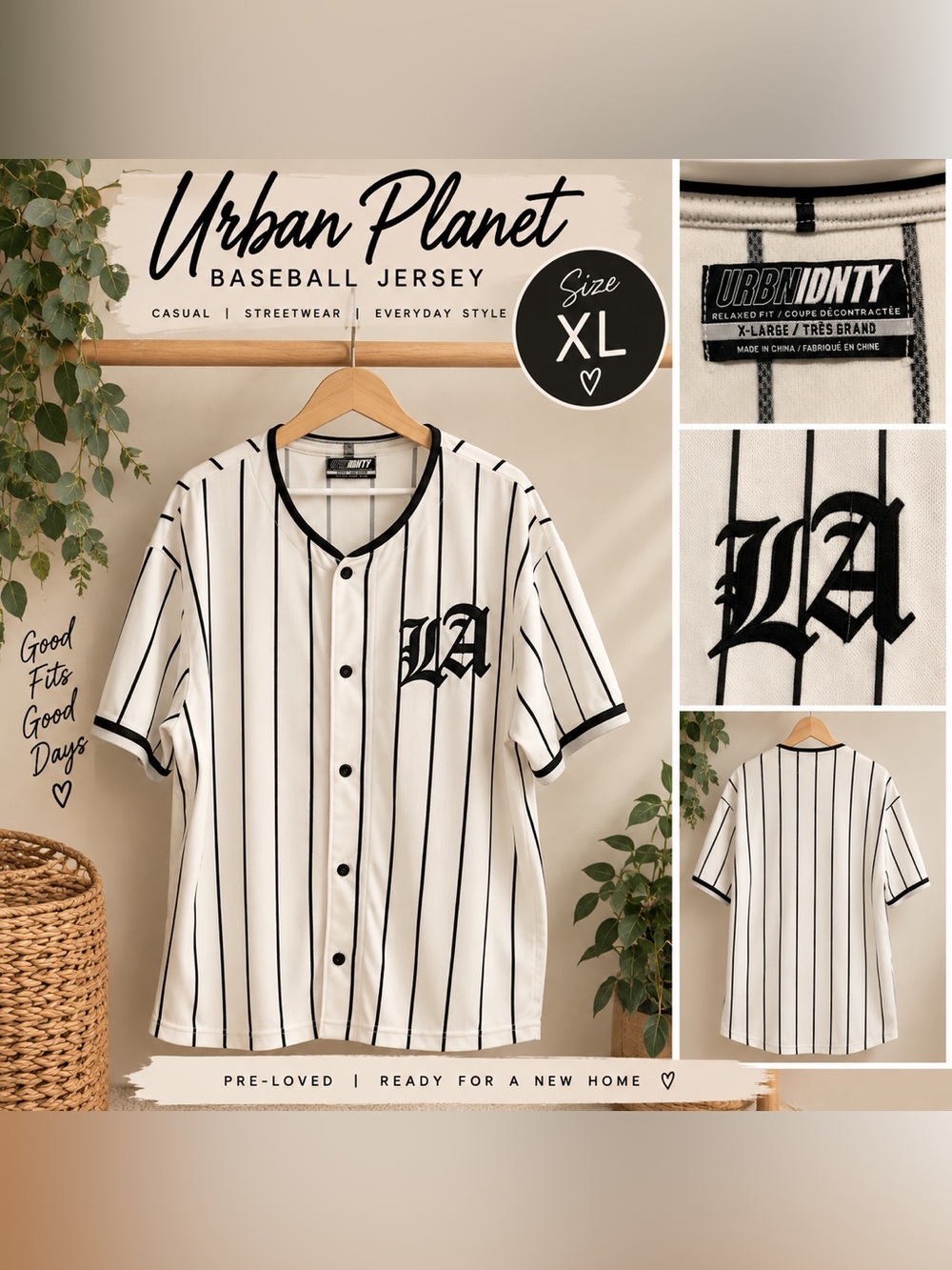 Urban Planet Men’s XL White & Black Pinstripe Baseball Jersey